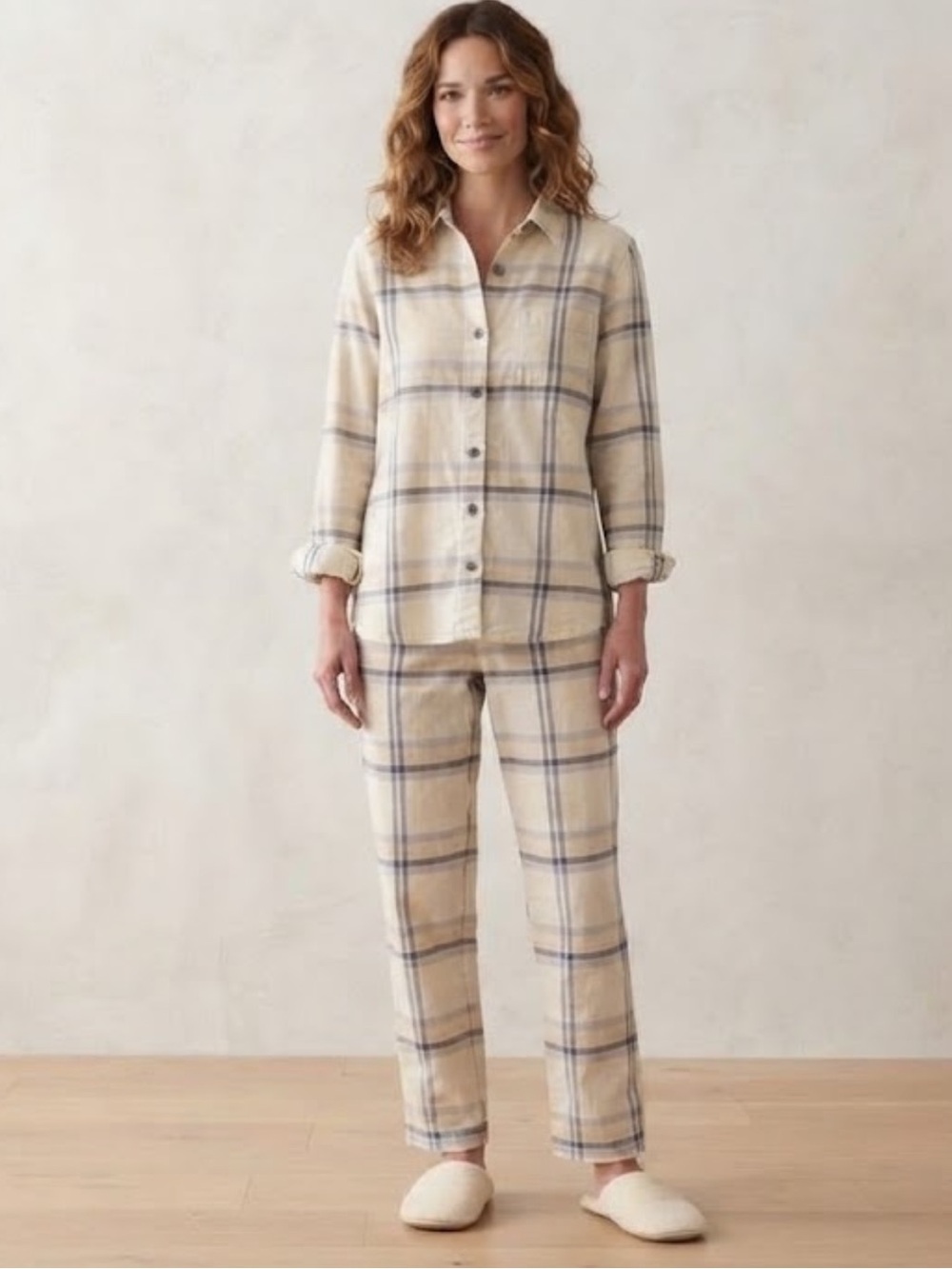 Pluto Plaid Belgium Cotton Flannel Pajama Set in Cream and Gray size 36